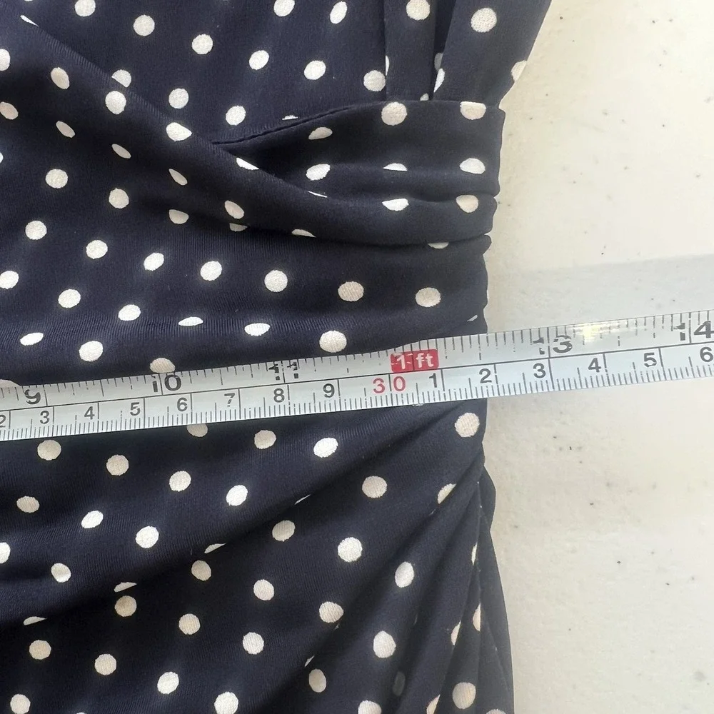 Adrianna Papell Dress Sz 8 Polka Dot‎ Ruched Slimming Blue White Preppy Career